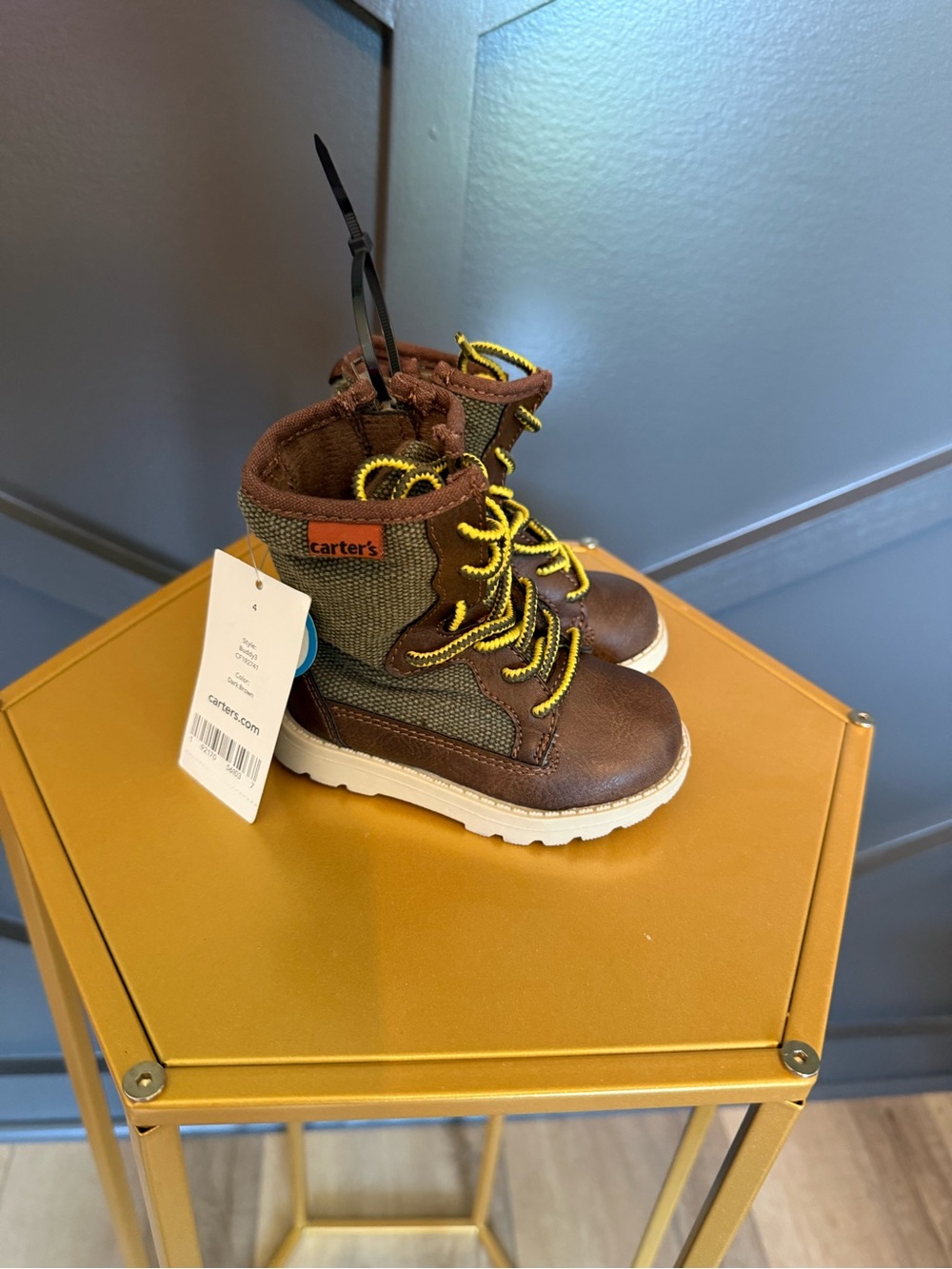 Carter's Brown and Olive Kids Lace-Up Boots with Yellow Laces
